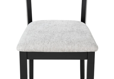 6pc Dining Set Rectangular Table Features Weathered Gray Finish Wood Grain Wide Slat Backs Padded Seats Upholstered Textured Neutral Fabric Chair Bench - sold by Home Elegance USA