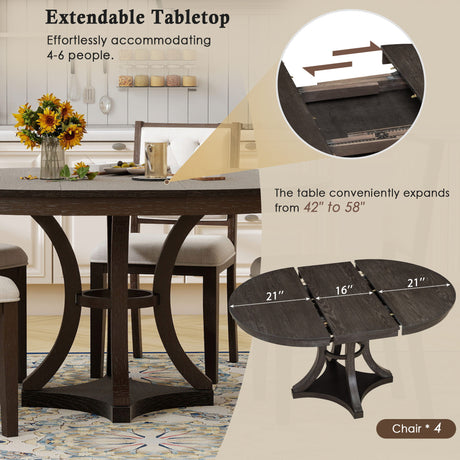 TREXM 5-Piece Retro Functional Dining Table Set Extendable Round Table and 4 Upholstered Chairs for Dining Room and Living Room (Espresso) - sold by Home Elegance USA