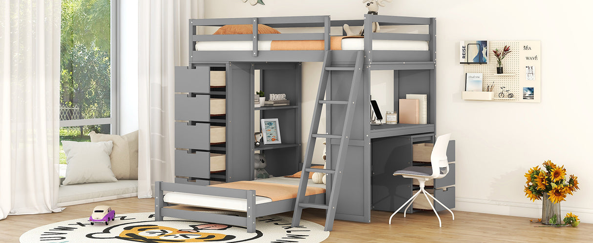 Twin over Twin Bunk Bed with LED Light and USB Ports, Gray - Home Elegance USA