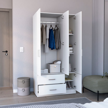 Armoire Wardrove 71', 4 Doors, Hanging Rod, 3 Cabinets, 6 Shelves, White - sold by Home Elegance USA