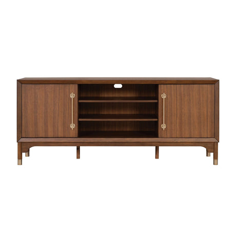 Mid-Century Modern TV Stand Gold Capped Legs Adjustable Shelves Walnut Finish - sold by Home Elegance USA
