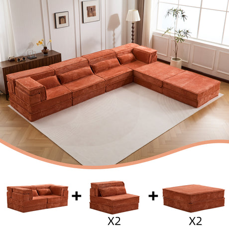 Compression Mahjong Sofa,Convertible Floor Sofa Bed,DIY Boneless Modular Sectional Sofa,No Assembly Required,Circle fleece fabric,Oversized 4 Seater with 2 Ottoman,Orange - sold by Home Elegance USA