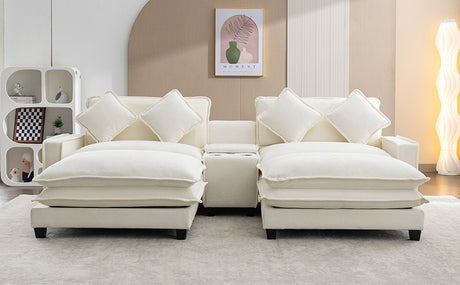 Chenille Upholstered Sectional Sofa with Removable Ottoman, USB Ports, Cup Holders, and Storage, Beige, 111' - sold by Home Elegance USA