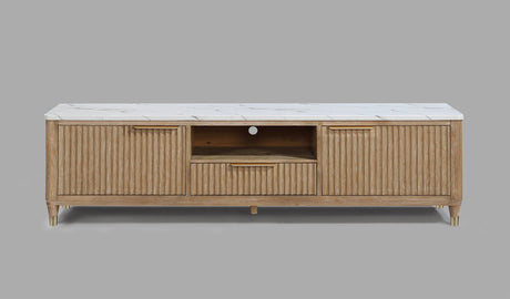1pc Modern Luxury and Sleek Fluted Wood Facade Pristine White Faux Marble Top Brass-tone Accents Tapered Legs Tv Stand Media Console Natural Wood Finish - sold by Home Elegance USA