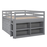 Full Size Loft Bed with Retractable Writing Desk and 4 Drawers, Wooden Loft Bed with Lateral Portable Desk and Shelves, Gray - Home Elegance USA