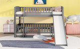 Bunk Bed with Slide,Full Over Full Low Bunk Bed with Fence and Ladder for Toddler Kids Teens Gray - LT000182AAE - Home Elegance USA - 3