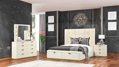 La Pierre Modern Style 4 Pc Queen Upholstered Bedroom Set Made with Wood and Gold Accents in Beige