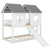White Twin over Twin House Bunk Bed with Slide and Windows, Solid Pine Wood, 77.4''L x 41.9''W x 80''H
