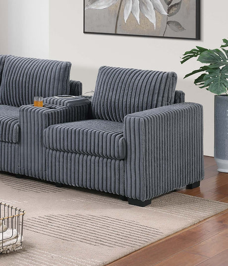 Modern Style L-Shape 4pc Sectional Set Dark Gray Finish Reversible Loveseat USB Ports Cup Holder Armless Chair Plastic Legs Corduroy Upholstered Primary Living Room - sold by Home Elegance USA