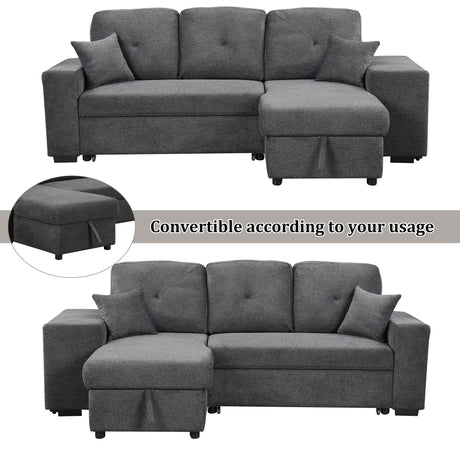 Reversible Sleeper Sectional Sofa Bed with Side Shelf and 2 Stools, Pull-Out L-Shaped Sofa Bed, Velvet Blue Black - sold by Home Elegance USA