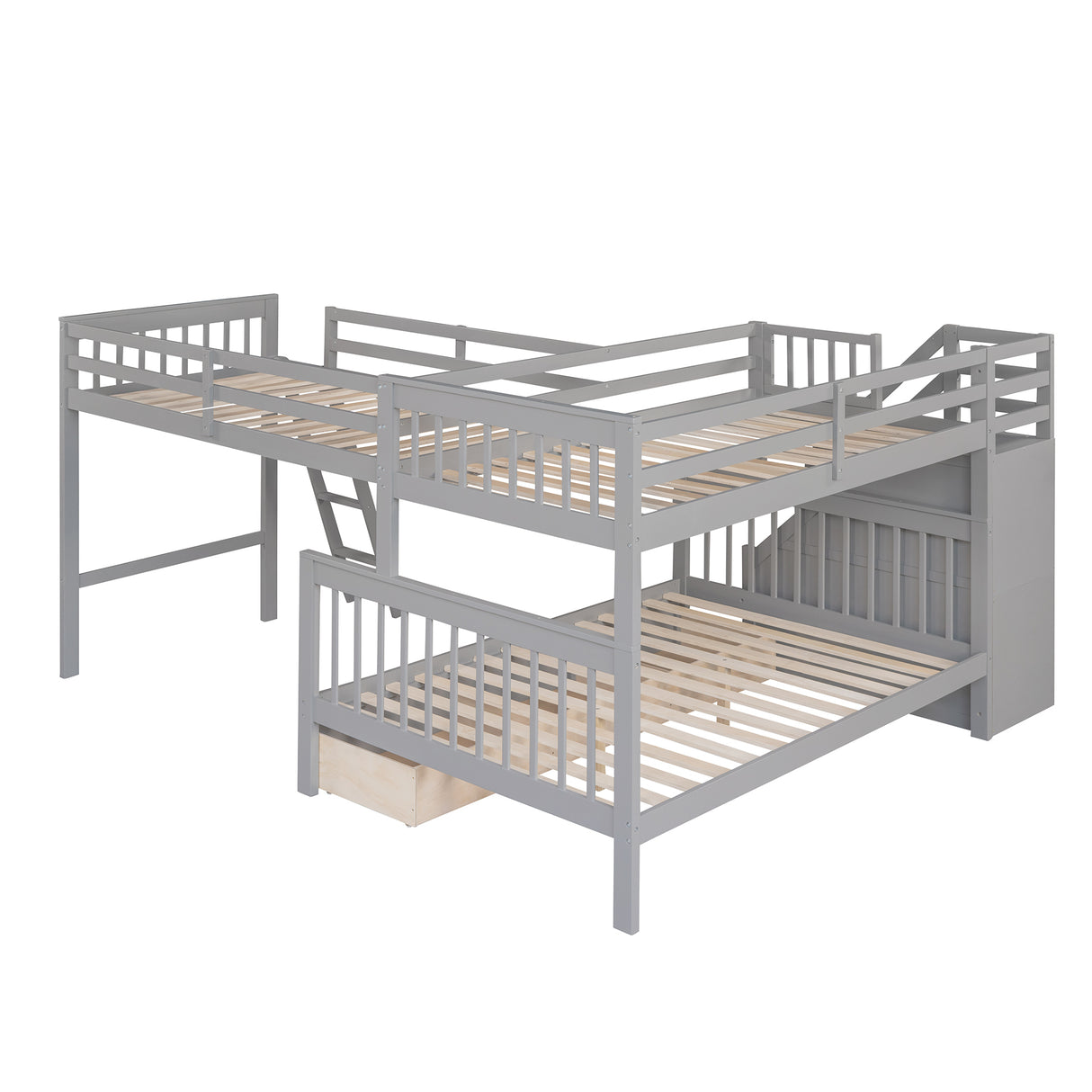 Twin over Full L-Shaped Bunk Bed With 3 Drawers, Ladder and Staircase - Gray - sold by Home Elegance USA