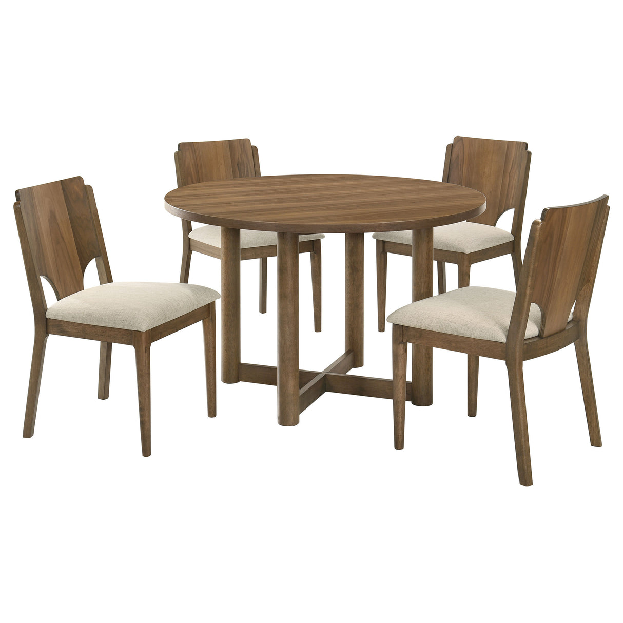Graham Walnut 5-Piece Round Dining Table Set with Walnut Veneer Finish and Beige Fabric Upholstery