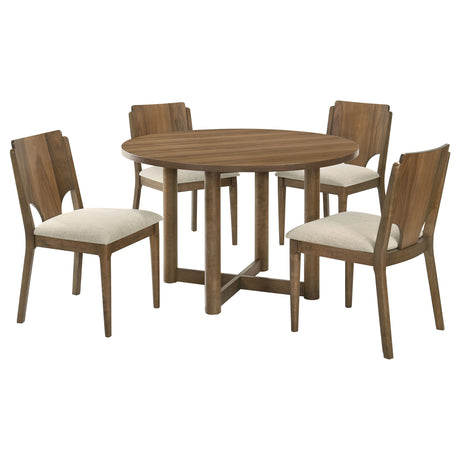 Graham Walnut 5-Piece Round Dining Table Set with Walnut Veneer Finish and Beige Fabric Upholstery