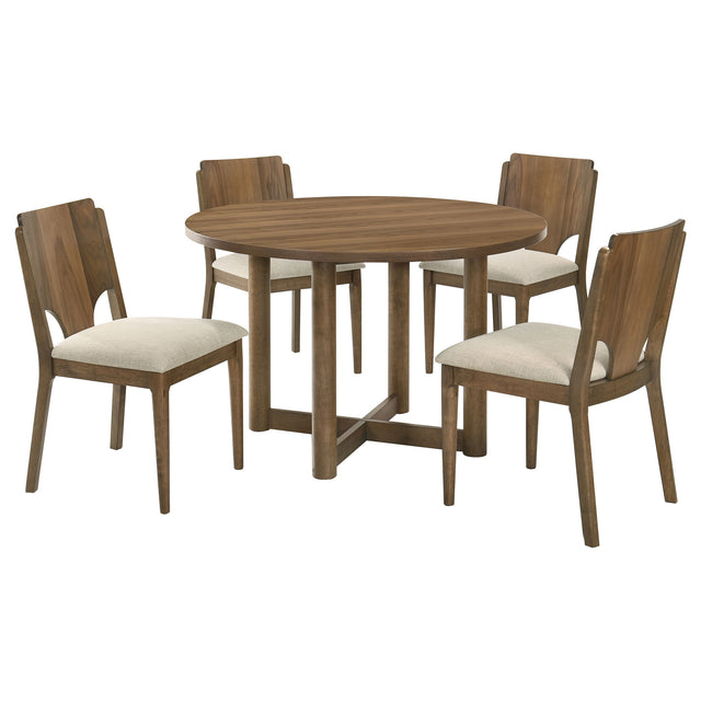 Graham Walnut 5-Piece Round Dining Table Set with Walnut Veneer Finish and Beige Fabric Upholstery