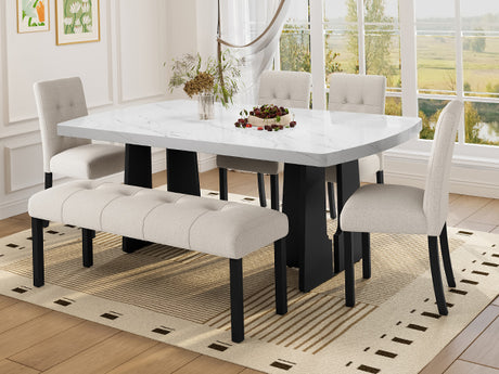 6 Piece Modern Dining Table Set, 63' Faux Marble Dining Table with Geometric Legs & 4 Upholstered Chairs & 1 Bench, Suitable for Dining Kitchen Room,Easy to Assemble, Beige + White - sold by Home Elegance USA