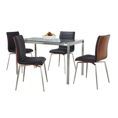 Fuji-Mason Swivel Contemporary Dining Set Dining Set in Brushed Stainless Steel, Clear Glass, Walnut Wood and Black Faux Leather by LumiSource - 5 Piece - sold by Home Elegance USA