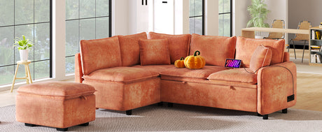 Convertible L-shaped Sofa Bed with Storage Ottoman, Power Sockets & USB Ports, Orange Chenille, 82.67' - sold by Home Elegance USA