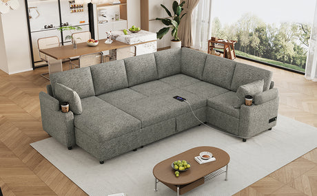 Versatile Light Grey Chenille Sectional Sofa Bed with Storage, Cup Holders & Charging Ports, 109.9' - sold by Home Elegance USA