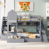 Full-Over-Full Castle Style Bunk Bed with 2 Drawers 3 Shelves and Slide - Gray - Home Elegance USA