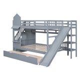 Full-Over-Full Castle Style Bunk Bed with 2 Drawers 3 Shelves and Slide - Gray(OLD SKU:LT000558AAE-2) - sold by Home Elegance USA