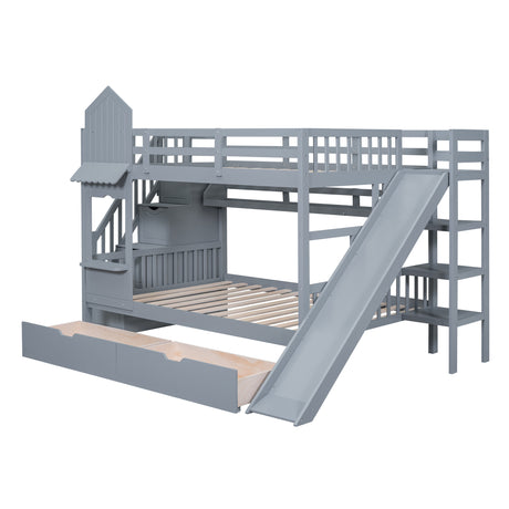 Full-Over-Full Castle Style Bunk Bed with 2 Drawers 3 Shelves and Slide - Gray(OLD SKU:LT000558AAE-2) - sold by Home Elegance USA