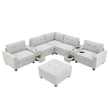 Chenille U Shaped Sectional Sofa with Acrylic Table Top, USB Charger, Storage Drawers, Pockets and Movable Ottoman