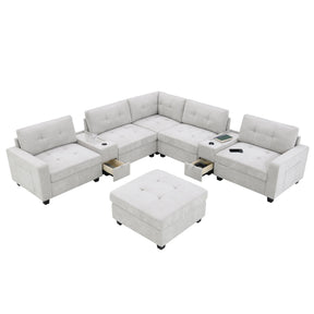 Chenille U Shaped Sectional Sofa with Acrylic Table Top, USB Charger, Storage Drawers, Pockets and Movable Ottoman - sold by Home Elegance USA