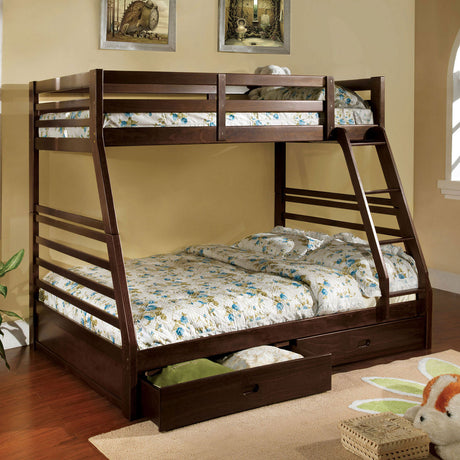 Modern Transitional Bunk Bed Twin Over Full With Attached Ladder And Two Large Drawers For storage Made Of Solid Wood Dark Walnut