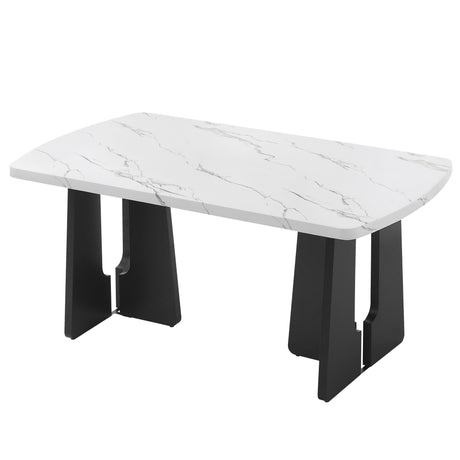 6 Piece Modern Dining Table Set, 63' Faux Marble Dining Table with Geometric Legs & 4 Upholstered Chairs & 1 Bench, Suitable for Dining Kitchen Room,Easy to Assemble, White+Gray - sold by Home Elegance USA
