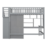 Twin size Loft Bed with Bookshelf,Drawers,Desk,and Wardrobe-Gray - Home Elegance USA