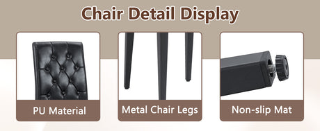 Table and chair set.64.5 x 35.4 Inch Stylish Black Wood Color Textured Dining Table.4-pack black PU dining chairs: ergonomic buckle backrest.Exudes A Strong Sense Of Fashion. - sold by Home Elegance USA