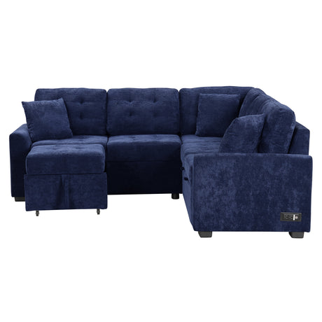 Navy Blue L-shape Sofa Bed with Pull-out Sleeper, USB Ports, Power Sockets, Corded Velveteen, 82.6' - sold by Home Elegance USA