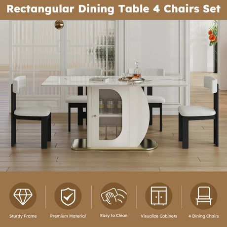 63' Modern 4-6 Person Dining Table with Storage Cabinets, Charred Stone Top & Golden Solid Wood Base, Includes 4 White Velvet Chairs for Kitchen and Apartment - sold by Home Elegance USA