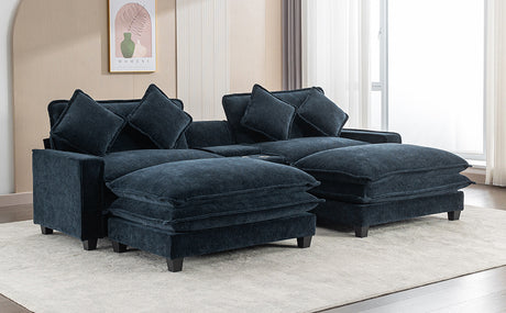 Contemporary Chenille Upholstered Sectional Sofa with Ottomans, USB Ports, Cup Holders & Storage, Blue - sold by Home Elegance USA