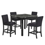 Modern Black Counter Height Dining Set with Faux Marble Table, Upholstered Tufted Chairs and Wooden Legs, All Black