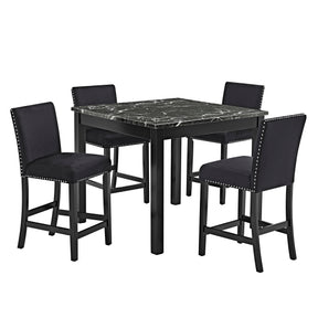 Modern Black Counter Height Dining Set with Faux Marble Table, Upholstered Tufted Chairs and Wooden Legs, All Black