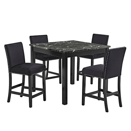 Modern Black Counter Height Dining Set with Faux Marble Table, Upholstered Tufted Chairs and Wooden Legs, All Black