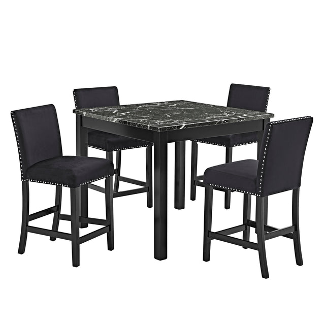 Modern Black Counter Height Dining Set with Faux Marble Table, Upholstered Tufted Chairs and Wooden Legs, All Black