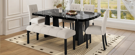 6 Piece Modern Dining Table Set, 63' Faux Marble Dining Table with Geometric Legs & 4 Upholstered Chairs & 1 Bench, Suitable for Dining Kitchen Room,Easy to Assemble, Beige+Black - sold by Home Elegance USA