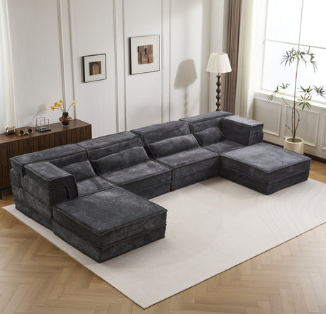 Compression Mahjong Sofa,Convertible Floor Sofa Bed,DIY Boneless Modular Sectional Sofa,No Assembly Required,Circle fleece fabric,Oversized 4 Seater with 2 Ottoman,Dark-grey - sold by Home Elegance USA