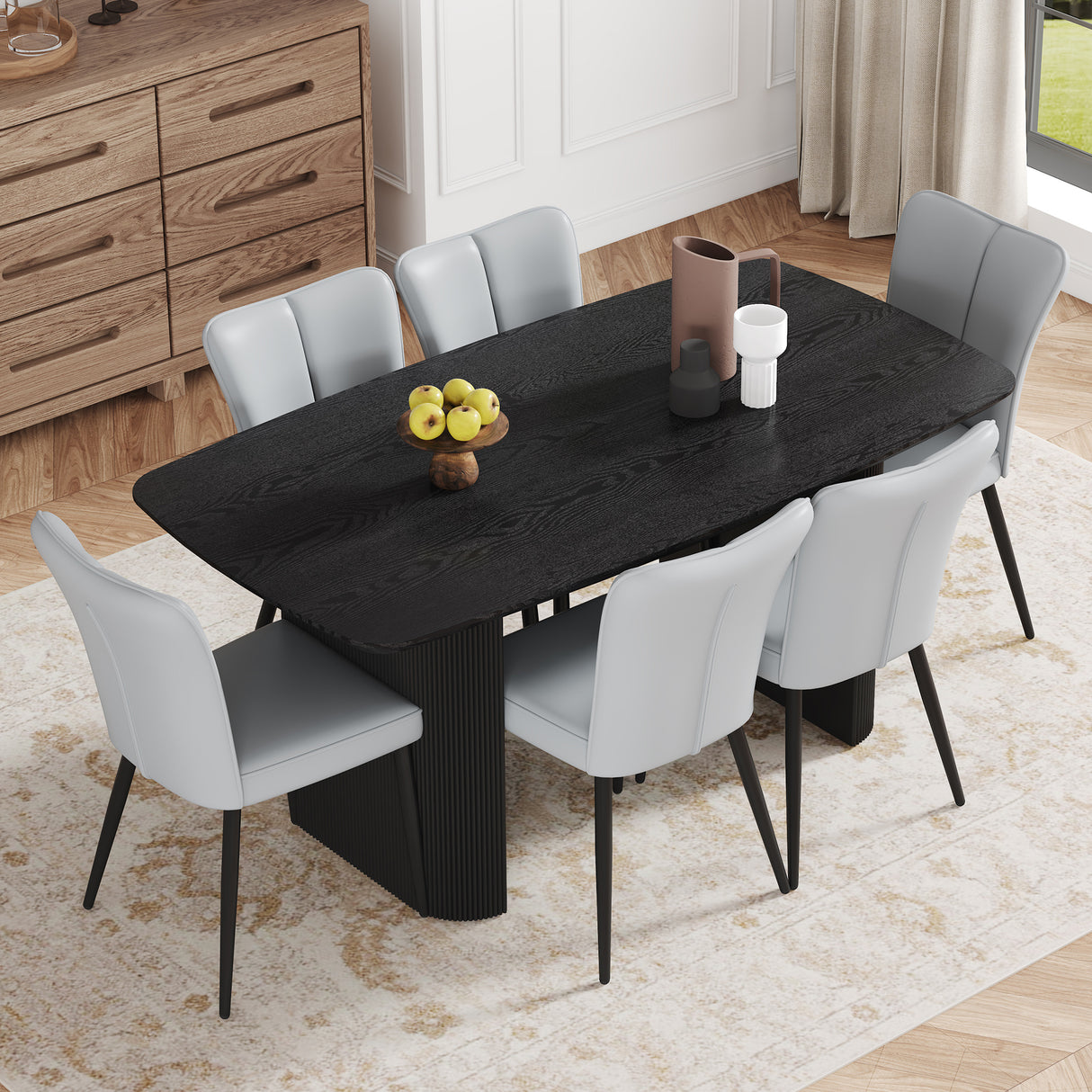 Table and chair set.67*35.4 inch black wood grain MDF dining table:a simple and luxurious choice.Paired with 6 Light Gray PU chairs with a vertical stripe design on the backrest and black metal legs.
