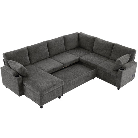 Versatile U-Shaped Sectional Sofa Bed with Storage, Cup Holders, Charging Ports in Grey Chenille - sold by Home Elegance USA
