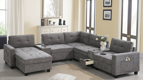 Modern Chenille U-Shaped Sectional Sofa with Acrylic Table Top, USB Charger, Storage Drawers, and Movable Ottoman in Gray - sold by Home Elegance USA