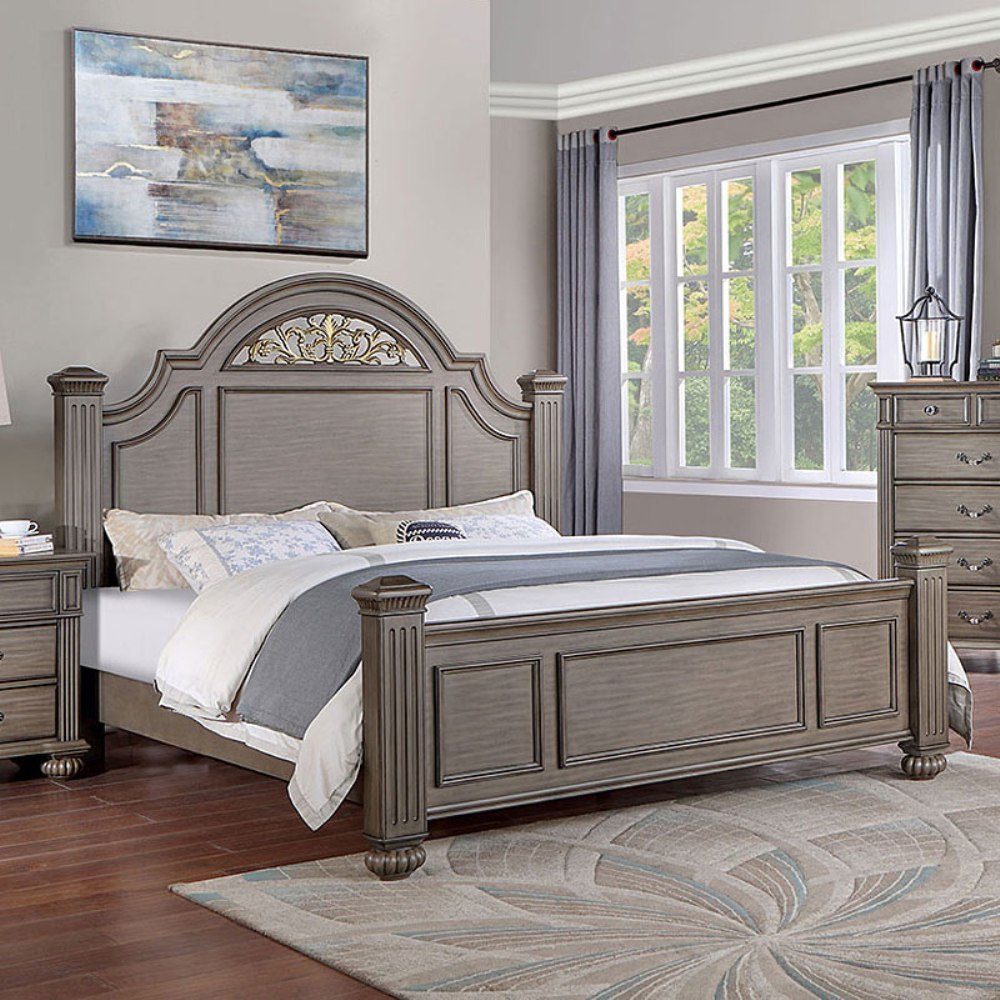 California King Size Panel Bed 1pc Contemporary Style Gray Bedroom Furniture Formal Floral Design in Headboard