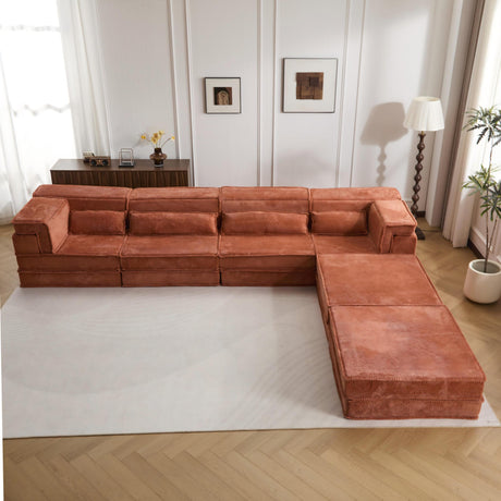 Compression Mahjong Sofa,Convertible Floor Sofa Bed,DIY Boneless Modular Sectional Sofa,No Assembly Required,Circle fleece fabric,Oversized 4 Seater with 2 Ottoman,Orange - sold by Home Elegance USA