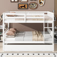 Full Over Full Rubber Wood Bunk Bed with Trundle, Ladder and Guardrails, Convertible to 2 Full Size Beds, with Twin Size Trundle,White