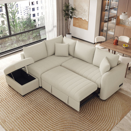 Modern L-shaped Sectional Pull Out Sofa Bed with USB Ports and Storage Ottoman, Beige, Jacquard Fabric, 82.6' - sold by Home Elegance USA