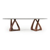 Christy - Mid-Century Modern Grey Glass + Walnut Oval Dining Table - View Image 1