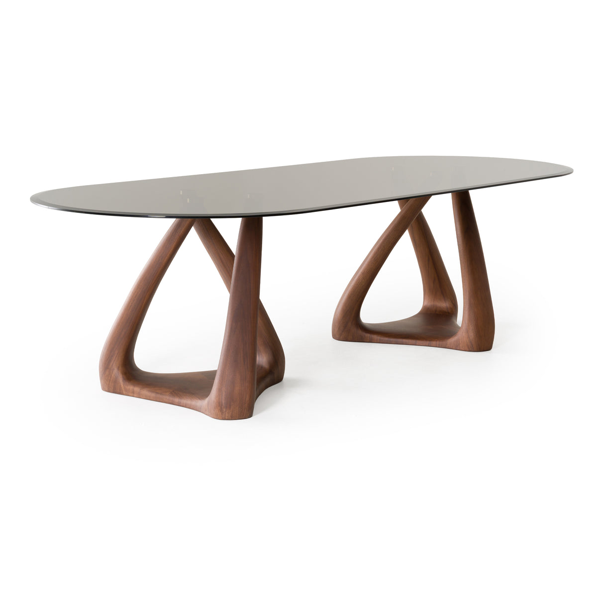 Christy - Mid-Century Modern Grey Glass + Walnut Oval Dining Table - View Image 1