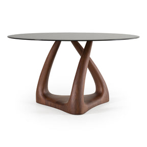 Christy - Mid-Century Modern Grey Glass + Walnut Round Dining Table - View Image 1
